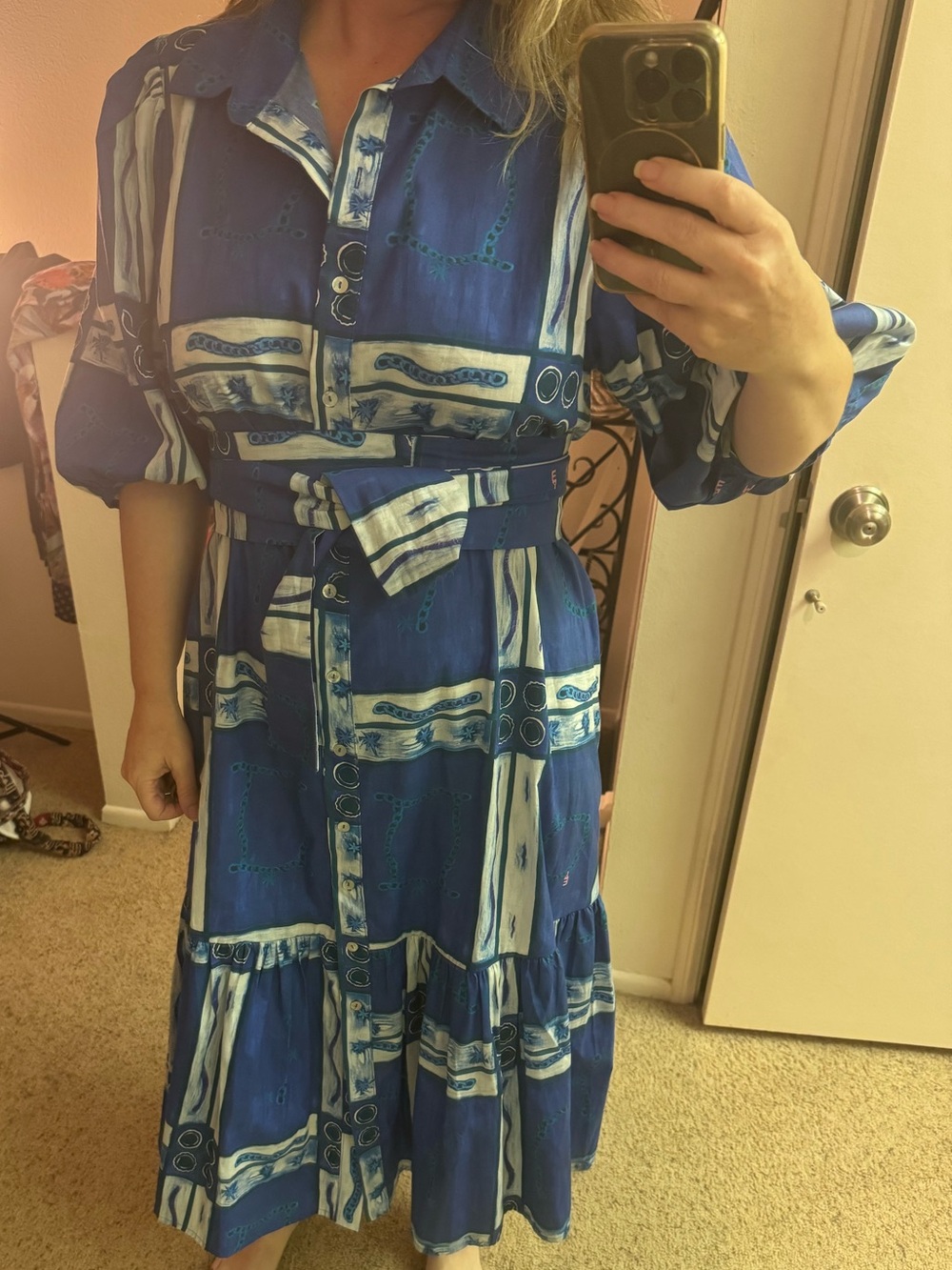 NWOT Blue Patterned Button-Front Midi Dress with Tie Waist